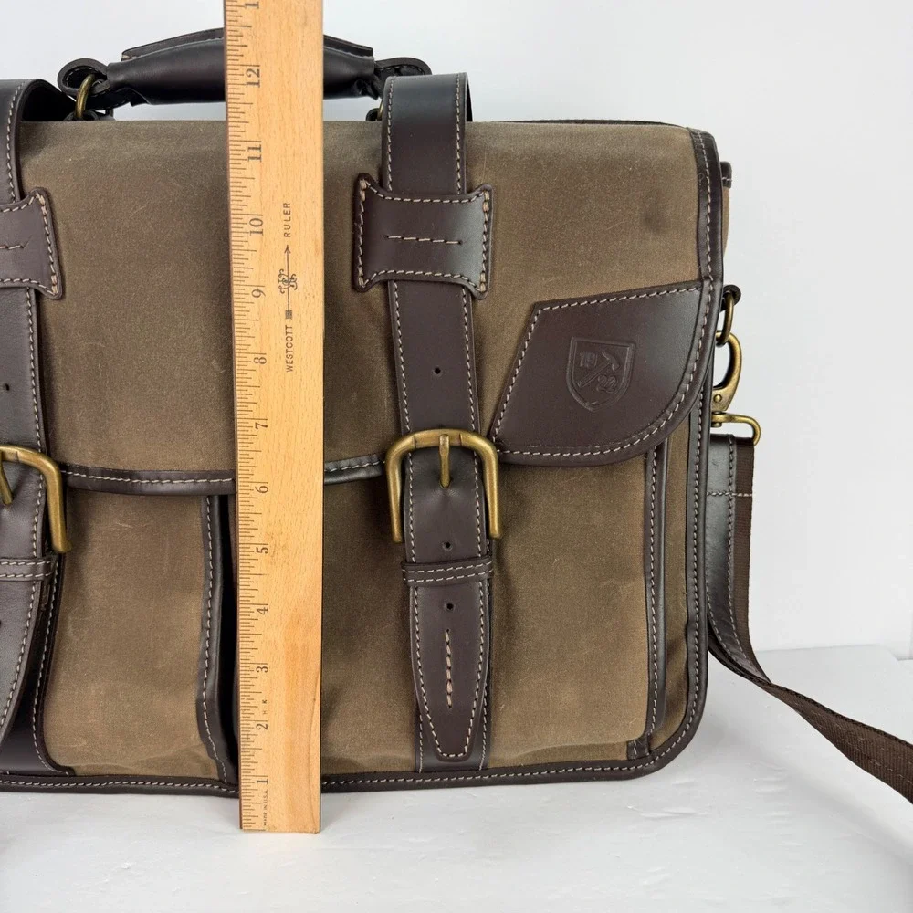 VTG Allen Edmonds Waxed Canvas Leather Trim Messenger Bag Briefcase Brown Brass